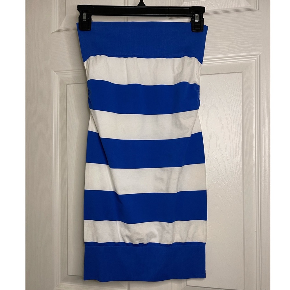 Small royal blue & white strapless mini dress
